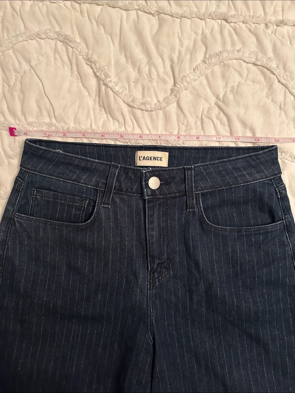 L'AGENCE Quincy Pinstriped Navy Wide-Leg Trouser Jean Denim Dark Wash Pants 23 - Picture 8 of 8